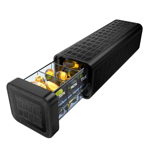 TALVOLC M Organizador semanal de comprimidos 7 dias, estojo de couro discreto para bolsa ou bolso, organizador de medicamentos diário fácil de deslizar, suporte de vitaminas e suplementos para viagem