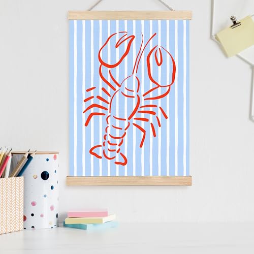 Image of PQKIY Trendy Red Lobster Coastal Wall Art Poster Hanger Frame 12x16 in, Summer Nautical Beach Seafood Blue Striped Wall Decor Canvas Prints for Home Kitchen Dining Room