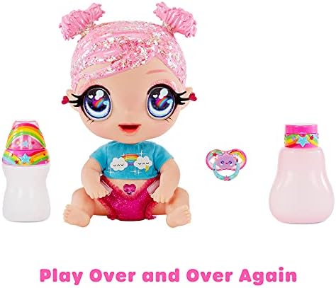Glitter Babyz I Love U Dreamia Stardust Baby Doll with 3 Magical Colour Changes in Ice-Cold Water, Pink Hair & a Rainbow Outfit - Reusable Diaper, Bottle, & Pacifier. Toy For Kids Ages 3 Years Plus