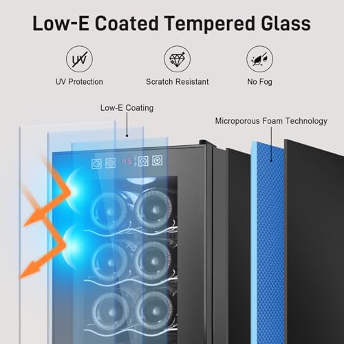 Image of Tylza 8 Bottles Wine Fridge, Wine Cellar with Low-E Tempered Glass Door, LED Touchscreen, Lock, Frost Free, No Vibration, Wine Cooler Refrigerator for Red, White, Champagne or Sparkling Wine, Black