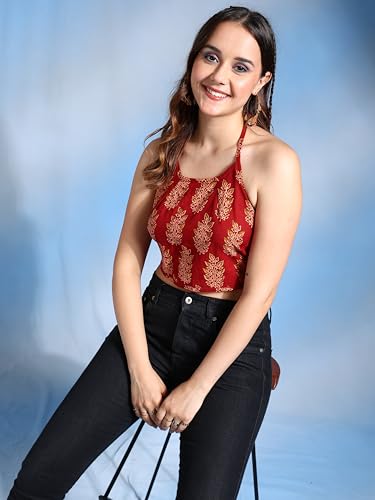 Image of Yash Gallery Women's Regular Fit Cotton Geomatrical Handblock Printed Freesize Backless Sleeveless Blouse