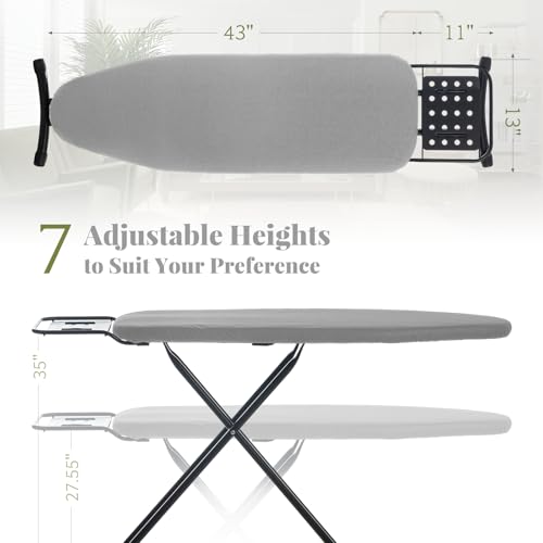 Ironing Board Full Size, RAINHOL 43"x13" Heavy Duty Compact Ironing Board with Iron Rest, Height Adjustable Sturdy Iron Stand, Grey Cover with Extra Thick Padding