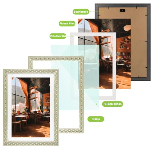 Image of Golden State Art, 13X19 Ornate Finish Photo Frame with White Mat for 11X17 Picture & Real Glass, Color: Silver Beige