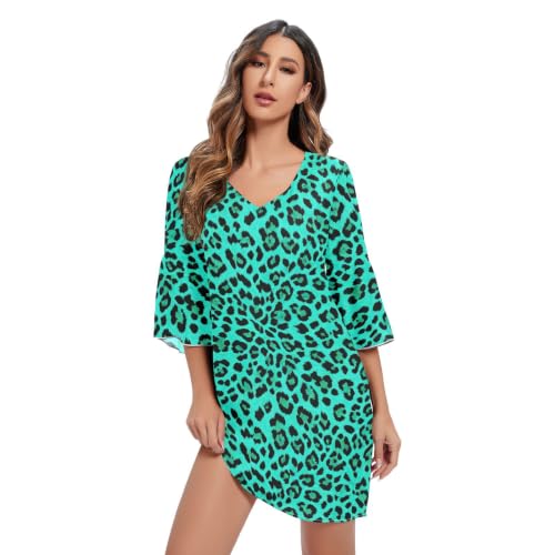 Robe courte en mousseline légère pour rester fraîche en imprimé léopard vert menthe