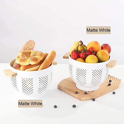 Metal Colander With Wood Handle And Stable Base, Powder Coated Steel Kitchen Strainer Basket For Draining Pasta, Vegetable And Fruit (5.5 Quart, Mattewhite) #TOP2