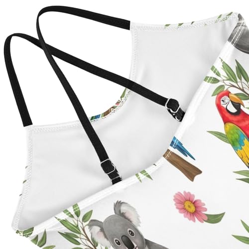 Cute Koalas Parrots White Girls' Swimwear, Beach Swimwear 3-10 Y with Adjustable Shoulder Strap, 3-10 Y4