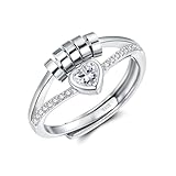 Zecimi Fidget Ring, 925 Sterling Silver Heart Anxiety Ring with Beads, Heart Spinner Fidget Ring for Anxiety Women, Open Adjustable Thumb Ring with Zirconia, Stress Relief Jewelry for Ladies Children
