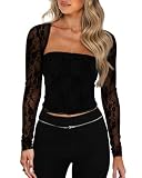 WIHOLL Womens Crop Top T Shirt Strapless Tube Top and Bolero Set Black Long Sleeve Lace Mesh Tops Slim Fit Y2k Shirt Lightweight Cardigan Party Clubwear Floral Print Lacey M
