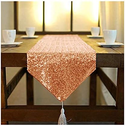 ShinyBeauty Table Runner Tassel Rose Gold Sequin Table Runner 12x72-Inch Kitchen Runner Home Decor Dining Table Runner for Parties Christmas Table Runner for Holidays (12x72-Inch, Rose Gold)