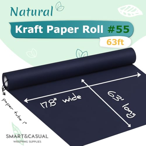 Image of SMART&CASUAL 17.8 inch x 760 inch (63') Navy Blue Kraft Craft Paper Roll for Gift Wrapping Bulletin Board Bouquet Flower Art Packing Parcel Table Covering 80GSM 55LB (Navy Blue, 17.8 inch x 63')