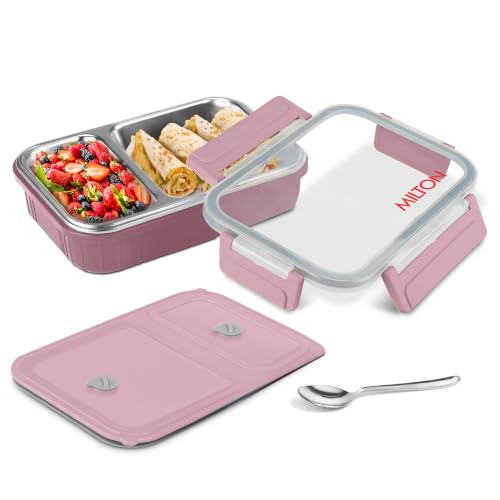 Image of MILTON Meal Safe 2 Inner Stainless Steel Tiffin Box for School with Steam Release Plug | PU Insulated, Leak-Proof, Food Grade I Lunch Box for Kids Boys, Girls with Snap Lock Lid, 465 ml, Pink
