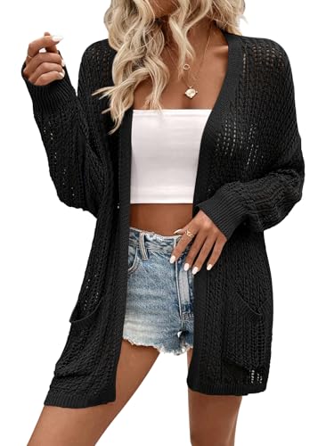Womens Crochet Cardigan Sweater Lightweight Rib Knit Open Front Sweater Coats Cover Up