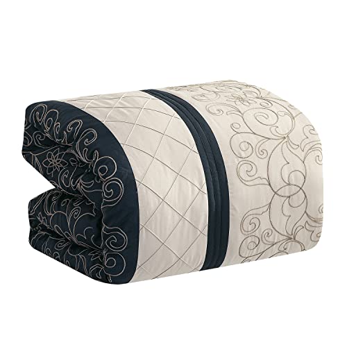 Hig 7 Pcs Floral Embroidery Bedding Comforter Sets With Down Alternative Filling, Classic Color Block Patchwork Bed Set, Aesthetic Microfiber Bed In A Bag With Luxurious Flowers, Navy, Queen (22056) #TOP7