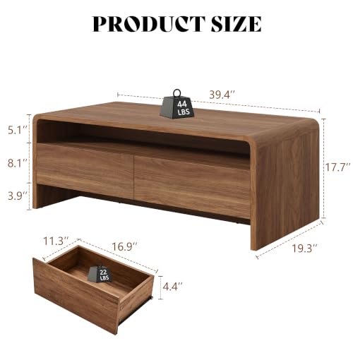 Image of AMERLIFE 39.4 inch Wood Coffee Table with Storage & Rounded Edges
