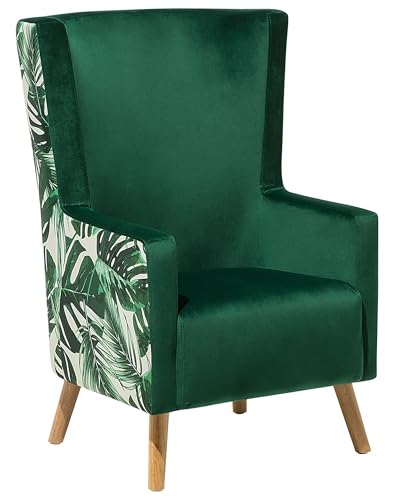 Beliani Fauteuil Dossier Haut Type Bergère en Velours Vert Motif Jungle Élégance et Confort pour Salon au Style Scandinave et Glamour
