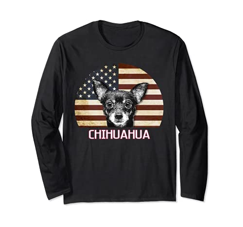 Chihuahua Dog Lover Owner Retro USA American Merica Flag Long Sleeve T-Shirt, Black