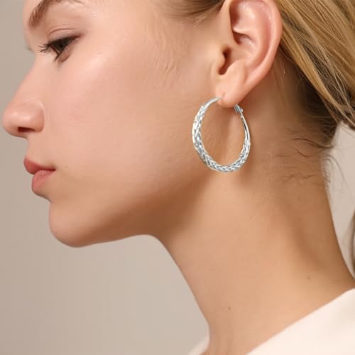 Senteria Silver Hoop Earrings for Women Hypoallergenic 925 Sterling Silver Post Hoop Earrings Lightweight Large Hoops Earring Thick Twisted Silver Hoops 30/40/50MM3