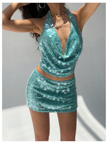 MakeMeChic Women's Sparkling Sequin Ruched Skirt Bodycon Going Out Y2K Party Skirts2