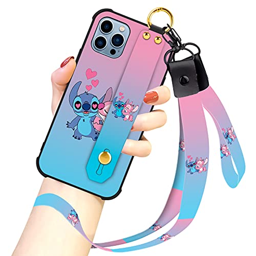 Cartoon Case for iPhone 13 Pro Max Case 6.7 Inch (2021) Stitch Angel Cute Cartoon Character Design with Lanyard Wrist Strap Band Holder Shockproof Protection Bumper Kickstand Cover