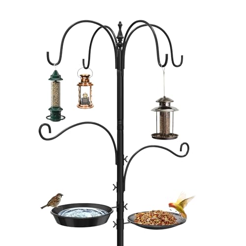 Newthinking Bird Feeders Hanging Station, 224cm Bird Feeders Pole with 5-Prong Base, Free Standing Bird Feeder for Outdoor Garden, 6 Hooks, 1 Feeder Tray, 1 Bath Tray