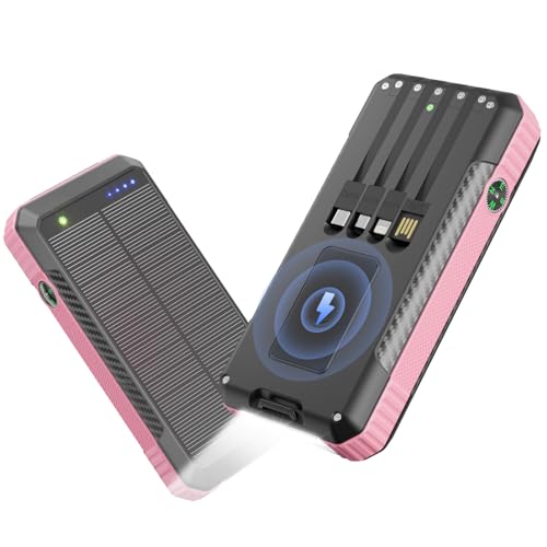 Image of Wreaoves Solar Power Bank 33800mAh Wireless Portable Charger with Built-in 4 Cables, Fast Charging Battery Pack with 7 Outputs,4 Inputs, LED Camping Flashlight,Compass