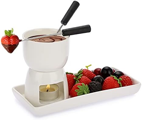BOYIFEIJIE Keramik Schokofondue Set - Mit 4 Gabeln & Tellern Für Käse & Schokolade