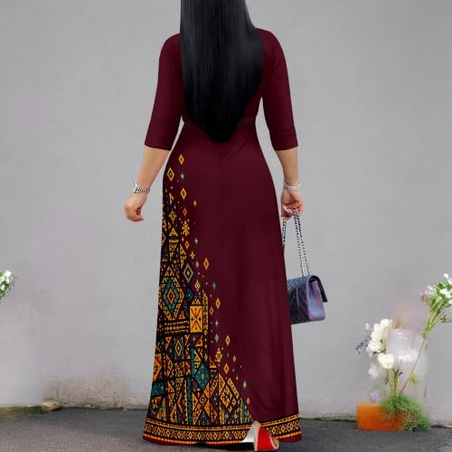 Image of Plus Size Maxi Dress for Women V Neck 3 /4 Sleeve Wrap Dress Wine XL | Wine Floral Women's Maxi Dress