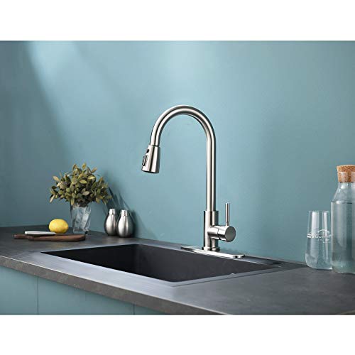 VALISY Lead-free Modern Commercial Single Hole Pull Down Brushed Nickel Kitchen Sink Faucet,1 handle High-Arc Tall Faucets for Kitchen Bar RV Laundry Utility Sinks with Pull Out Sprayer VAQY263LD