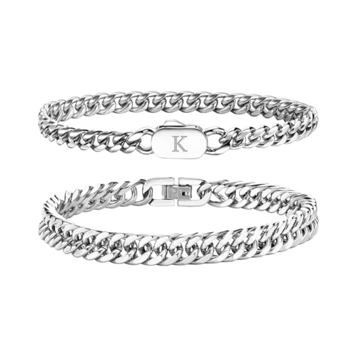 FLHEART Stainless Steel Initial Bracelets for Men, 2 Pcs A-Z Letter Silver Mens Bracelet with Initial, Stylish Non Tarnish Cuban Link Chain for Boyfriend Men Jewelry Gifts