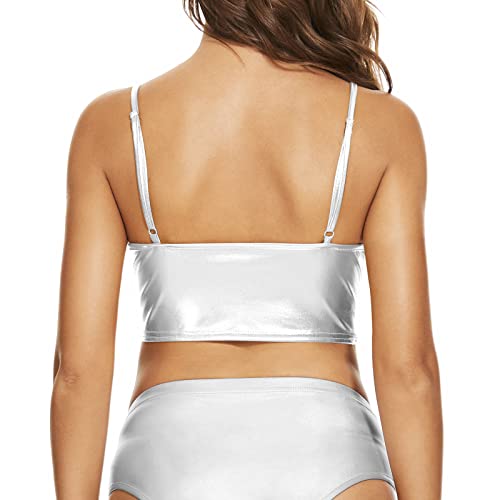 Vinaderhom Women's Metallic Crop Top Shiny Rave Bra For Dance Festivals Costumes, Silver, S #TOP3