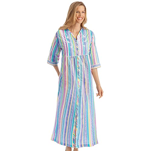 Collections Etc Women's Pastel Striped Lounger With Zip Front And 3/4" Long Sleeves, X-Large Multicolored #TOP1