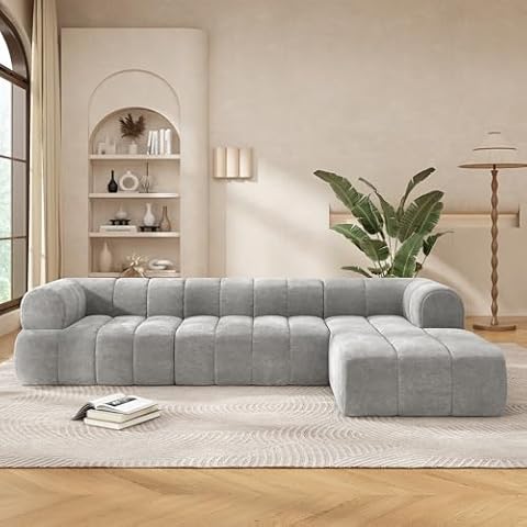 GDFStudio 122" Modern L-Shaped Sectional Sofa with Chaise Lounge,Skin-Friendly Fully Compressed Sponge Couch,High-Density Foam Cushions,Right Hand Facing,Lounge Seating for Living Room,Gray Cover