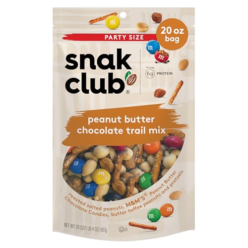 Snak Club Peanut Butter Chocolate Trail Mix with Peanuts, Peanut Butter M&M’S, Toffee Peanuts, and Pretzels, 20 oz Resealable Bag