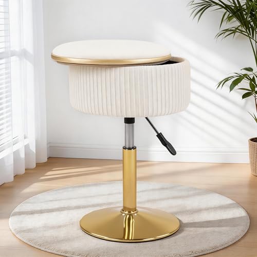 LITZFUR Adjustable Vanity Stool with Storage, 360° Swivel Gold Chair, Velvet Small Round Ottoman Footrest for Bathroom, Makeup Room, Beige by LITZFUR - Used condition - US$44.64
