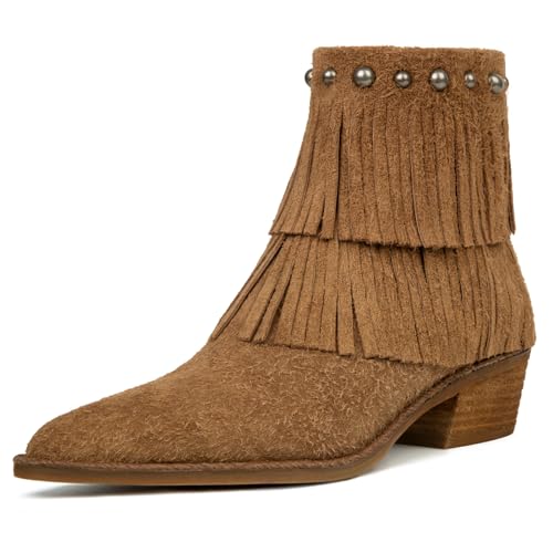 Bouwno Brown Genuine Suede Ankle Boots for Women Fringe Pointed Toe Chunky Heel with Zipper Studded Cowgirl Short Boots Western Causal Dress Booties Country Music Festival