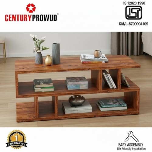 Image of FURLAY Zentro Woodland Coffee Table for Living Room, Modern Engineered Wood Center Table with Multi-Level Open Storage Shelves, 90 x 40 x 40 cm (FWCT2-Woodland)