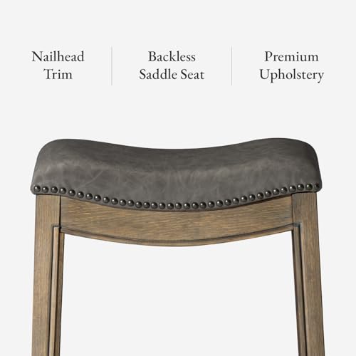 Image of Maven Lane Adrien Backless Counter Stool - Set of 2 - 26 Inches - Saddle Stool with Footrest - Grey Solid Wood Frame & Grey Faux Leather Upholstery - Perfect for Kitchen Islands & Counters