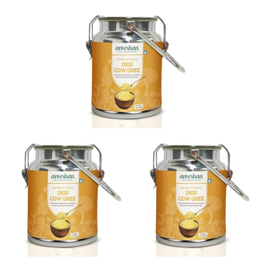 Image of Anveshan A2 Ghee (5L Stainless Steel Dolchi) | Traditional Bilona Method | Curd- Churned | Cultured | Pure and Nutural | Lab Tested | Free-grazed, Grass-fed Desi Cows (Pack of 3)