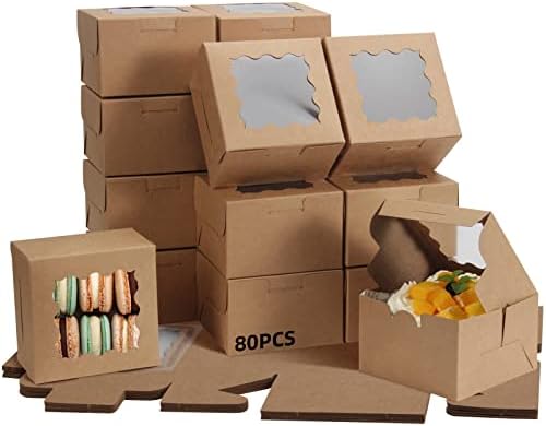 TAOUNOA 80 Pack Bakery Boxes with Window, Christmas Cookie Boxes 4x4x2.5 Inches Kraft Paper Mini Cake Boxes Holiday Cupcake Boxes for Gift Giving for Strawberries Cupcakes Pastry Dessert, Brown