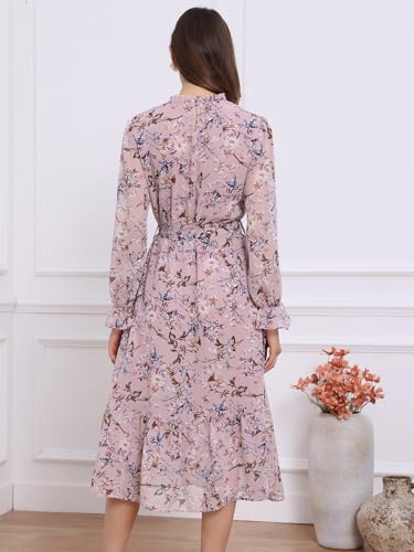 Image of Allegra K Fall Casual Floral Dress for Women 2025 Long Sleeve Crew Neck Chiffon Midi Tea Party Ruffle Dresses