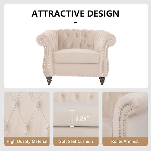 Image of QHITTY Accent Chair, Chesterfield Chair Modern Velvet Upholstered Chair with Tufted Back for Living Room Furniture (Beige)