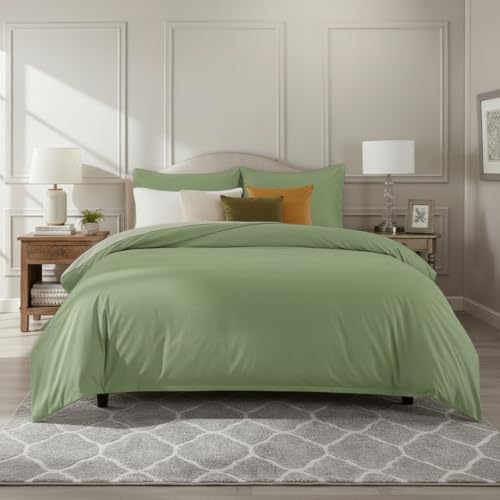 Image of Duvet Cover Set Double Size Bed (92x102 Inch) 1 Duvet Cover + 2 Pillow Covers with Zipper 400 TC Microfiber Luxurious Quilt, Comforter, Rajai, Dohar Blanket Cover (Sage)