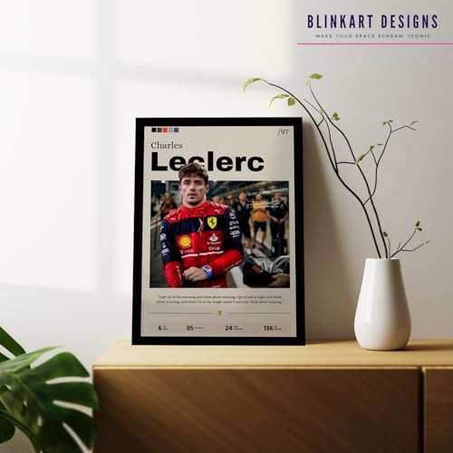 Image of BLINKART Charles Leclerc | F1 Racing Player | Synthetic Wood Photo Framed Wall Hanging Poster Room & Office Bedroom Living Boys And Girl Room Home Wall Hanging | 12x18 Inches