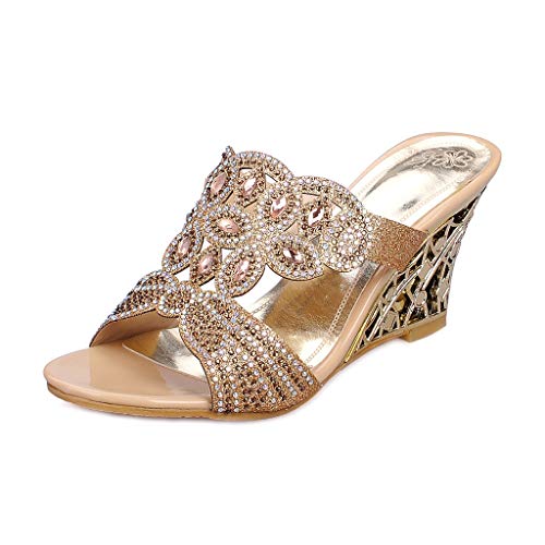 MIOKE Womens Sparkly Rhinestone Wedge Sandals Open Toe Slip On Comfy High Heel Wedding Party Dress Sandal