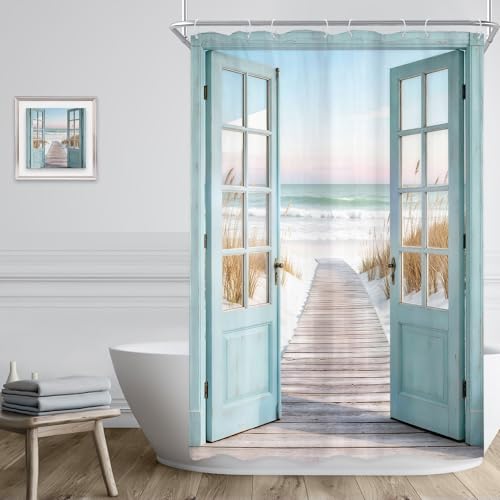 Image of Riyidecor Blue Beach Barn Door Shower Curtain 48Wx72H Inch Narrow Summer Retro Teal Wood Hawaii Sea Path Rustic Ocean Coastal Seaside Country Bathroom Decor Fabric Polyester Waterproof 8 Pack Hooks