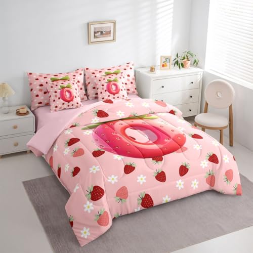 Image of Feelyou Girls Pink Red Strawberry Comforter Set with Sheets 7 Piece Full Size Initial Letter O Bed in a Bag Kids Boys Girls Princess Strawberry Bedding Set Bedroom Decor
