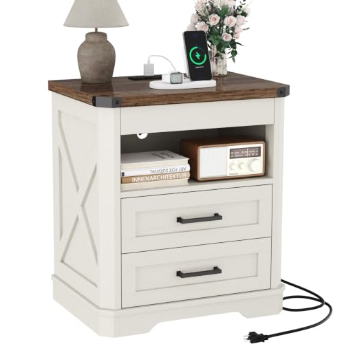 Yusong Antique White Nightstand with Invisible Lock, Barn Style Night Stand with Charging Station, Rustic Beside Table with Drawers and Open Shelf, Farmhouse Side Table for Bedroom by Yusong - Used condition - Image 9