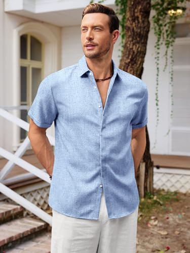 Runcati Mens Short Sleeve Linen Shirts Button Down Casual Texture Summer Beach Wedding Tops3