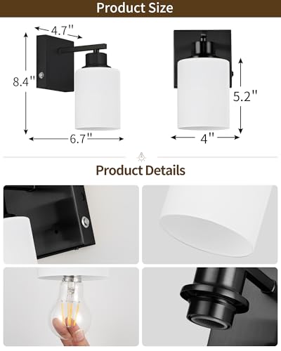 Image of Rayogale Wireless Battery Operated Wall Sconce Set of 2 with Remote Control | Black Dimmable Rechargeable Wall Lights with Timer, Easy Install White Glass Lamp for Living Room Bedroom, Emergency 3000K
