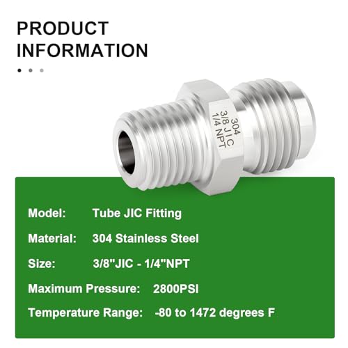 Image of TAISHER 2PCS Forging of 304 Stainless Steel JIC Flare Tube Fitting, 3 /8 inch JIC Male x 1 /4 inch NPT Male, Half Union